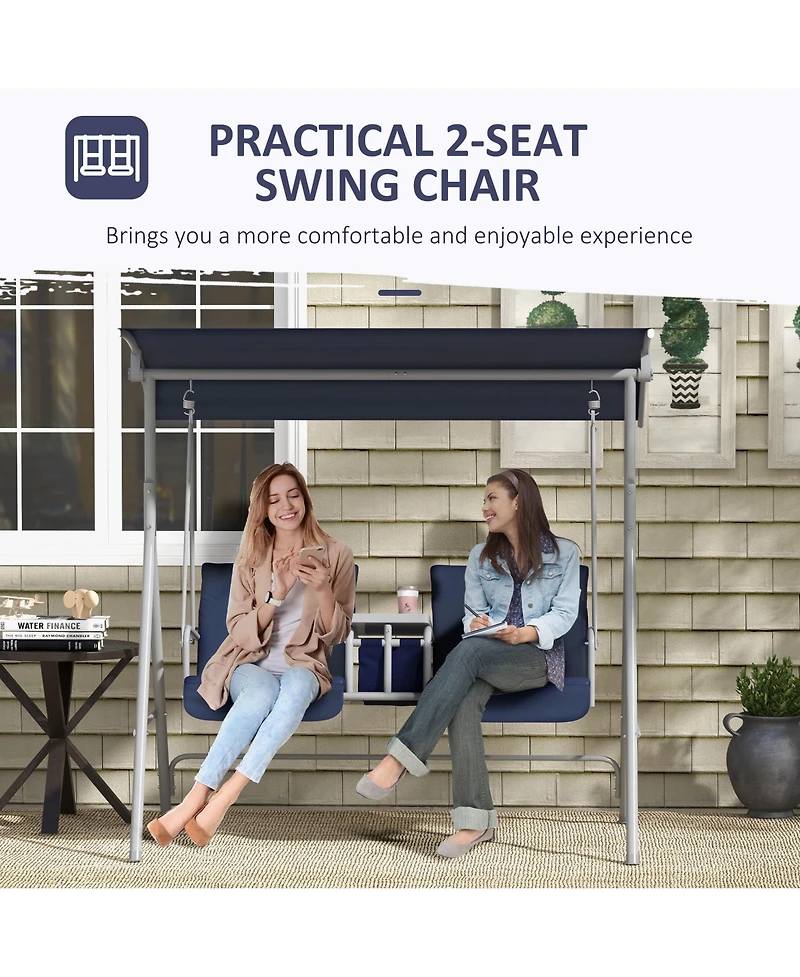 Outsunny 2 Person Porch Swing with Canopy, Table, Storage Console, Blue