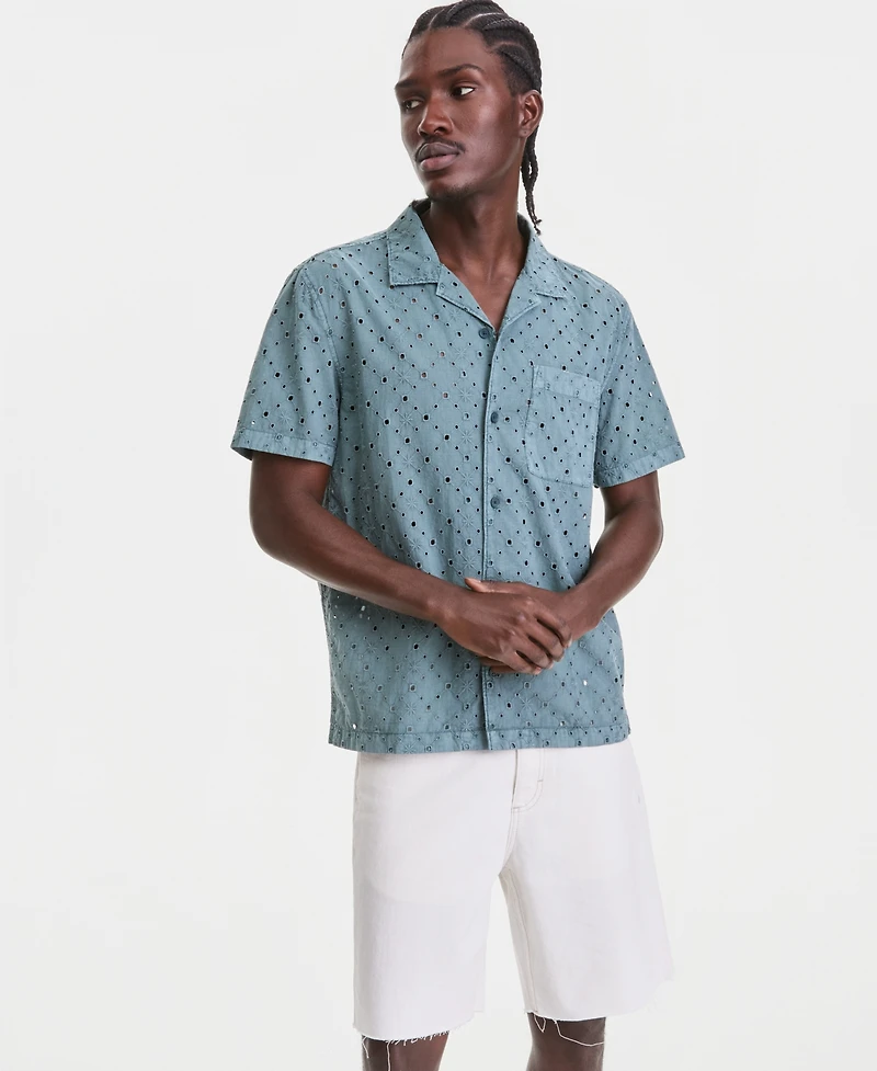 Sun + Stone Men's Cotton Eyelet Garment-Dyed Short-Sleeve Camp Shirt, Macy's Exclusive