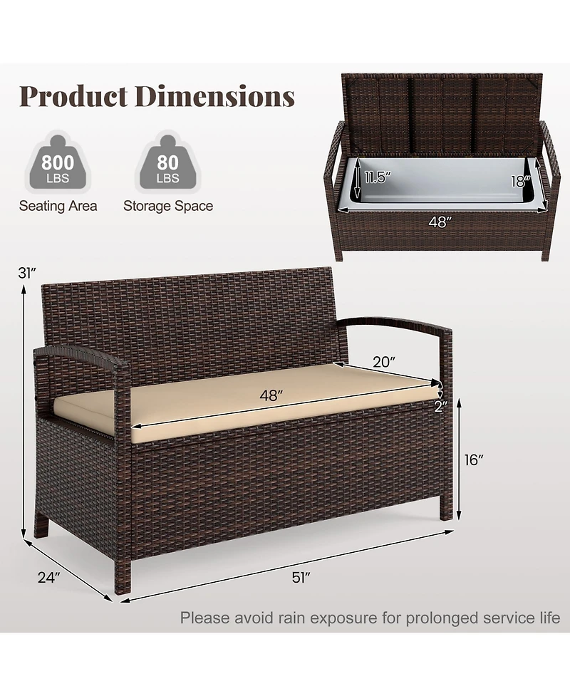 Gouun 2-Seater Pe Wicker Storage Bench with Cushion and 42-Gallon Deck Box