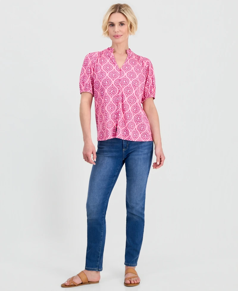 Style & Co Petite Printed Puff-Sleeve Button-Front Top, Macy's Exclusive