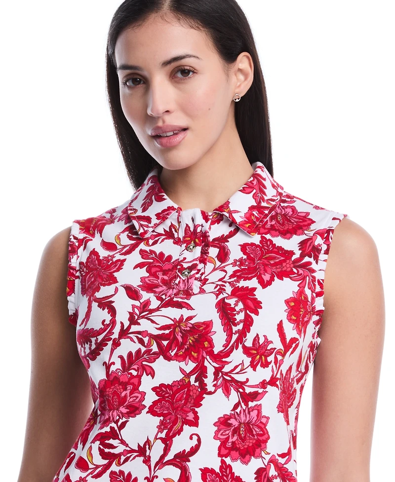Rafaella Petite Botanical Print Ruffle Trim Sleeveless Polo Shirt
