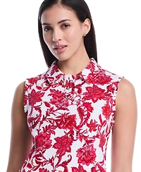 Rafaella Petite Botanical Print Ruffle Trim Sleeveless Polo Shirt