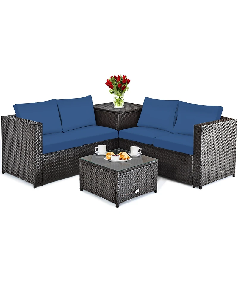 Costway 4PCS Patio Rattan Furniture Set Cushioned Loveseat Storage Table