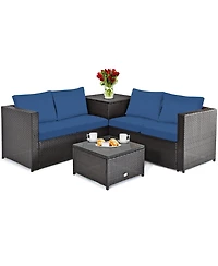 Costway 4PCS Patio Rattan Furniture Set Cushioned Loveseat Storage Table