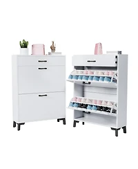 Rainsken Shoe Cabinet, Freestanding Shoe Organizer with 2 Flip Drawers, Hidden Shoe Storage Rack for Doorway, Hallway and Closet