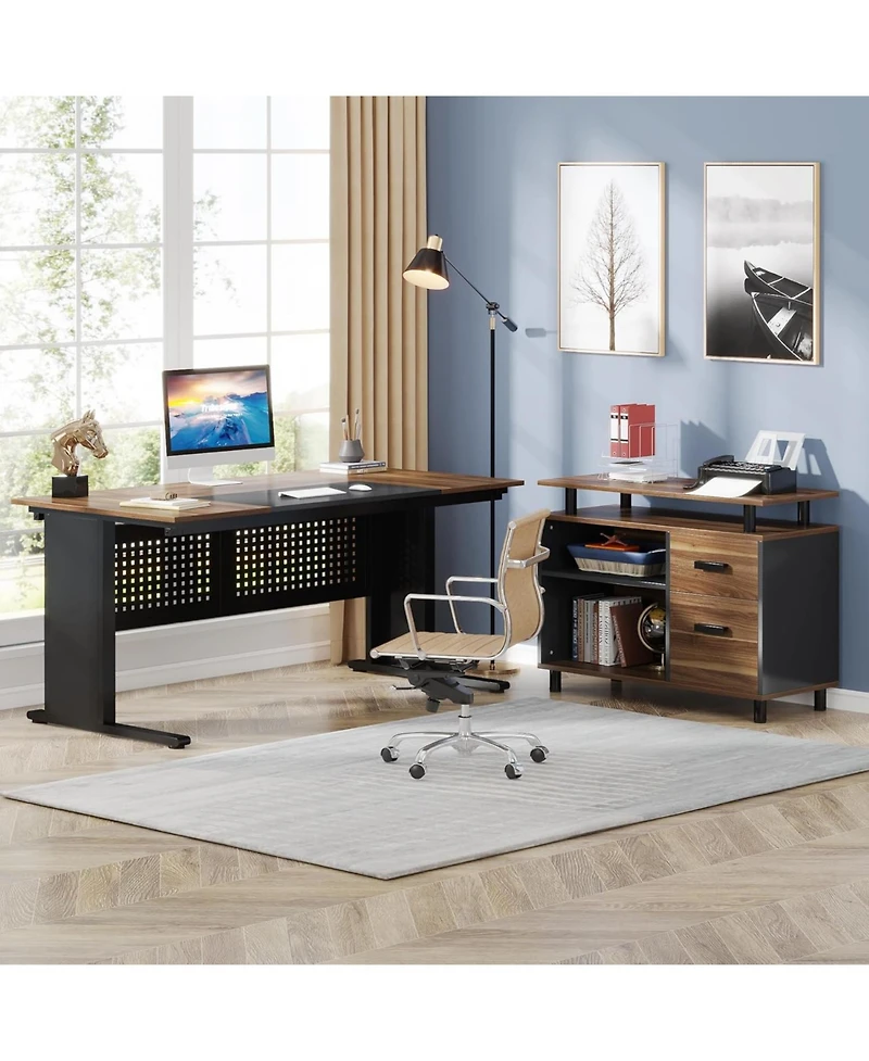 Tribesigns 63 Inch Executive Desk with File Cabinet, Large Office L Shaped Computer Desk, Business Furniture Workstation