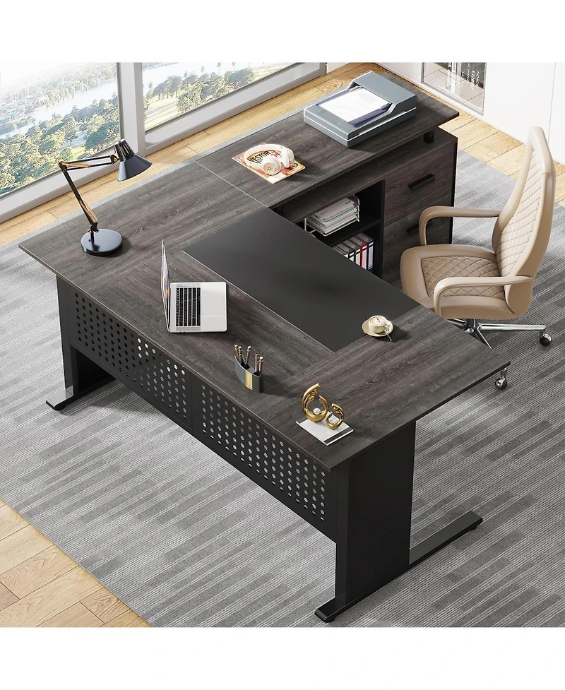 Tribesigns 63 Inch Executive Desk with File Cabinet, Large Office L Shaped Computer Desk, Business Furniture Workstation