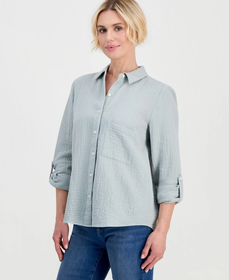 Style & Co Petite Perfect Button-Front Roll-Tab Cotton Shirt, Macy's Exclusive