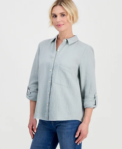 Style & Co Petite Perfect Button-Front Roll-Tab Cotton Shirt, Macy's Exclusive