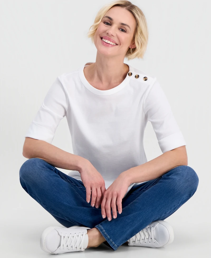 Style & Co Petite Cotton Asymmetric-Button Boat-Neck Top, Macy's Exclusive