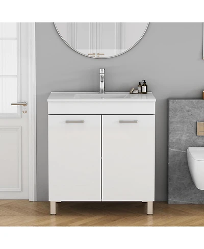 Sillysis Glossy White Freestanding Bathroom Vanity with Ceramic Sink, Soft Close Doors, Adjustable Shelf for Storage