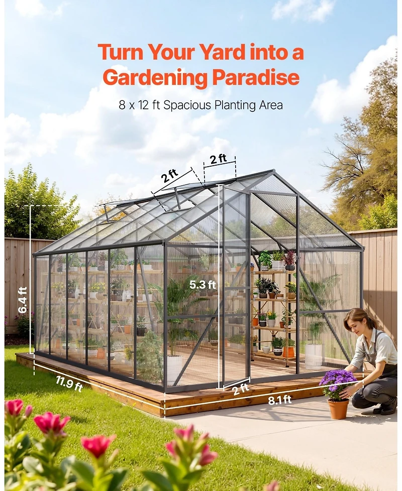 Sugift 8 x 12 Ft Polycarbonate Greenhouse With Adjustable Vent Walk-in Sunroom for Garden Use