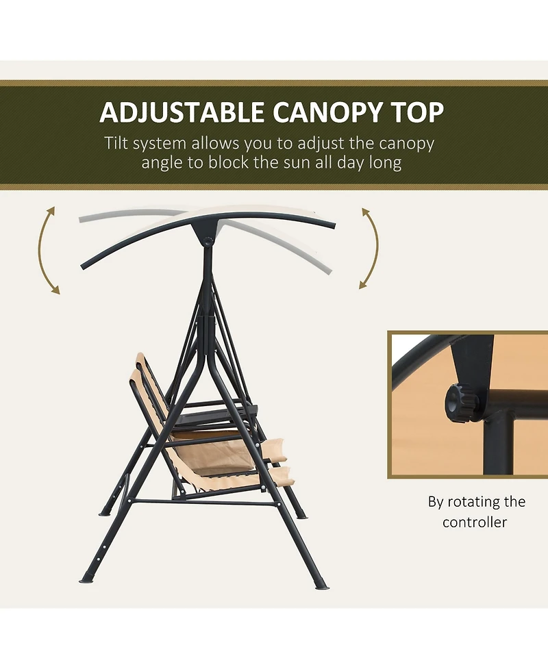 Outsunny 2-Seat Patio Swing Chair, Outdoor Canopy Swing Glider with Pivot Storage Table, Cup Holder, Adjustable Shade