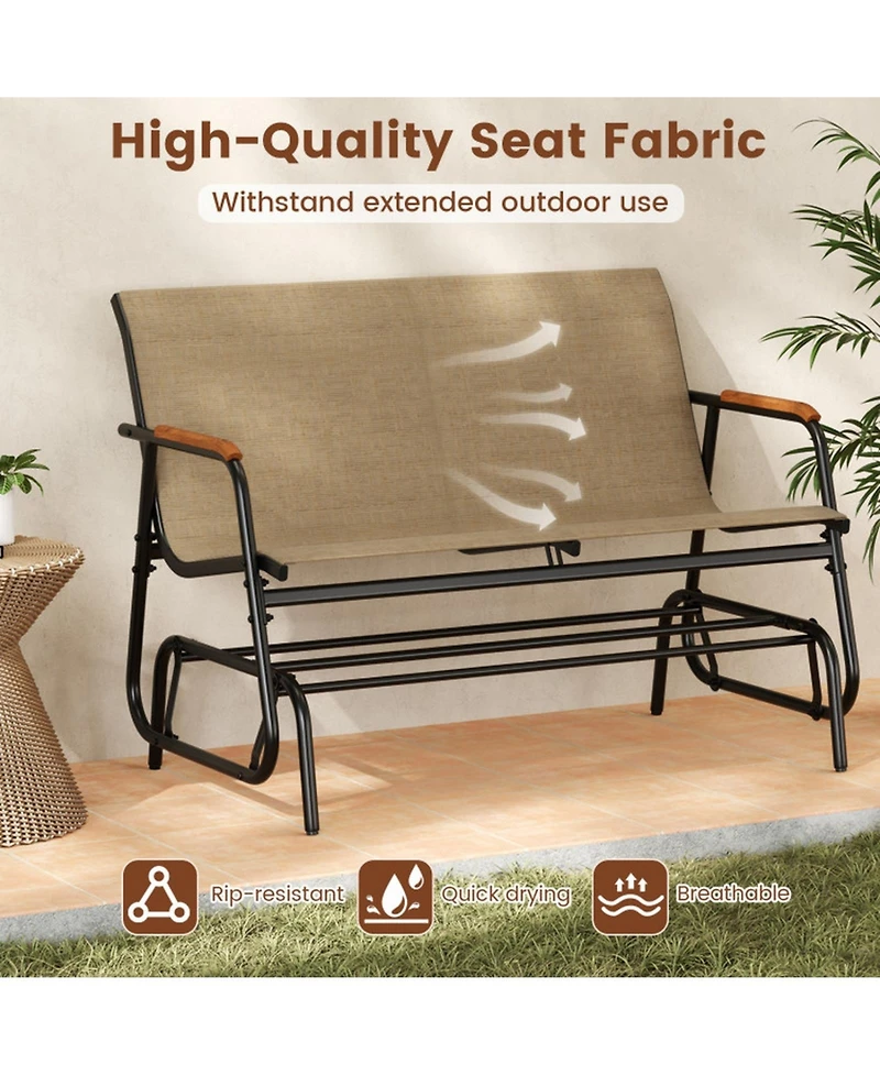 Sugift 2-Person Patio Glider Bench with Curved Teak Armrests and Fabric Seat