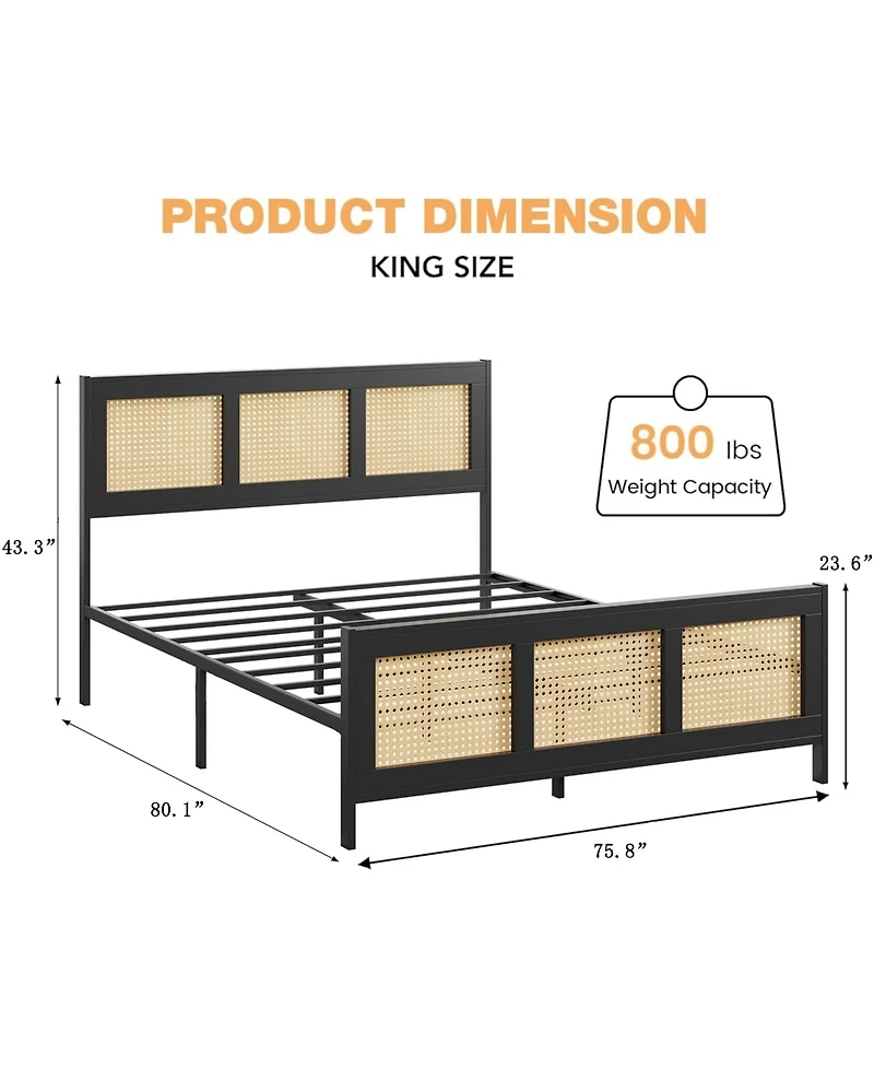homfan Rattan Bed Frame with Sturdy Metal Slats, Noise-Free, No Box Spring