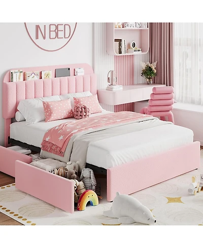 homfan Twin Bed Frame with 2 Drawers, Boucle Upholstered Bed with Bookcase Headboard, Kids Bed, Easy Assembly, No Box Spring, Noise Free