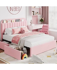 homfan Twin Bed Frame with 2 Drawers, Boucle Upholstered Bed with Bookcase Headboard, Kids Bed, Easy Assembly, No Box Spring, Noise Free