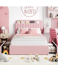 homfan Twin Bed Frame with 2 Drawers, Boucle Upholstered Bed with Bookcase Headboard, Kids Bed, Easy Assembly, No Box Spring, Noise Free
