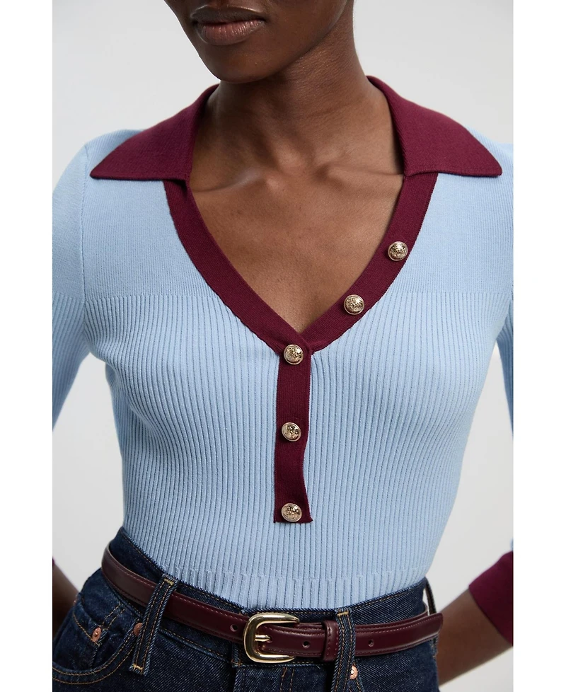 Karen Millen Women's Rib Knit Contrast Hem Collared Top