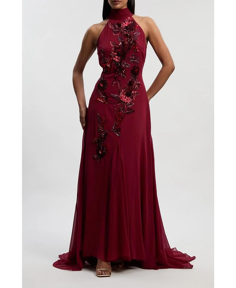 Karen Millen Women's Feather Embellished Halter Maxi Dress