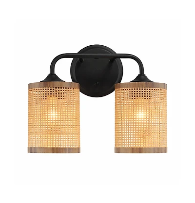 Busdays Double Light Vanity Wall Lamp Natural Rattan Shade Modern Wall Sconce for Bathroom Bedroom Living Room
