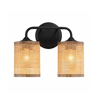 Busdays Double Light Vanity Wall Lamp Natural Rattan Shade Modern Wall Sconce for Bathroom Bedroom Living Room