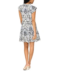 Msk Petite Flutter-Sleeve Tie-Neck Printed Dress