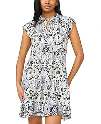 Msk Petite Flutter-Sleeve Tie-Neck Printed Dress