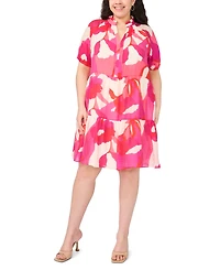 Msk Plus Puff-Sleeve Split Crewneck Babydoll Dress