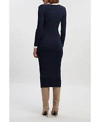 Karen Millen Women's Rib Contrast Button Knit Midi Dress