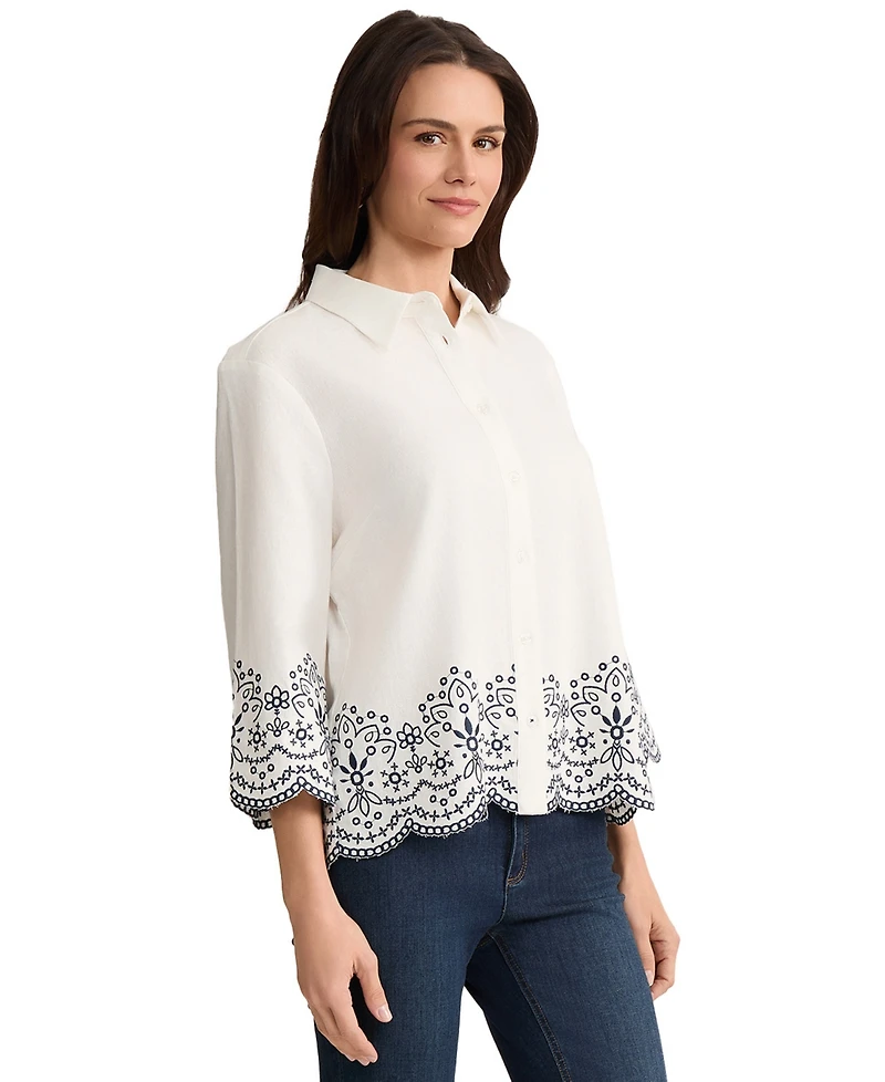 Jones New York Women's Embroidered Linen-Blend Button-Front Shirt