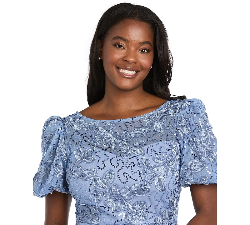 R & M Richards Women's Lace and Sequin Gown with Puff Sleeves Trumpet Skirt