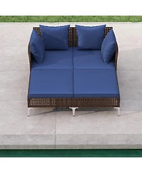 Gymax Outdoor Rattan Double Daybed Wicker Chaise Lounge for 2 w/ Seat & Back Cushions