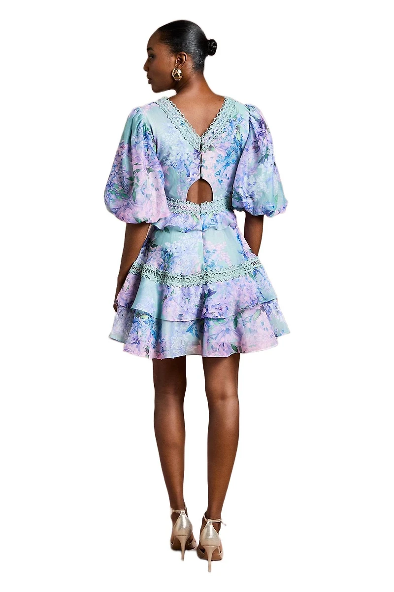 Coast Women's Lace Trim Puff Sleeve Organza Mini Dress