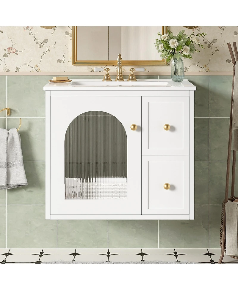 Busdays 24 Inch Wall Mounted Bathroom Vanity Set with Ceramic Sink 2 Drawers 1 Soft Close Door Small Space Storage Cabinet