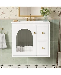 Busdays 24 Inch Wall Mounted Bathroom Vanity Set with Ceramic Sink 2 Drawers 1 Soft Close Door Small Space Storage Cabinet