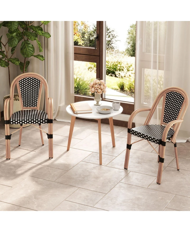 Gouun Set of 2 Hand-Woven Pe Wicker Outdoor French Bistro Chairs with Galvanized Steel Frame