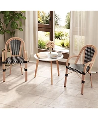 Gouun Set of 2 Hand-Woven Pe Wicker Outdoor French Bistro Chairs with Galvanized Steel Frame