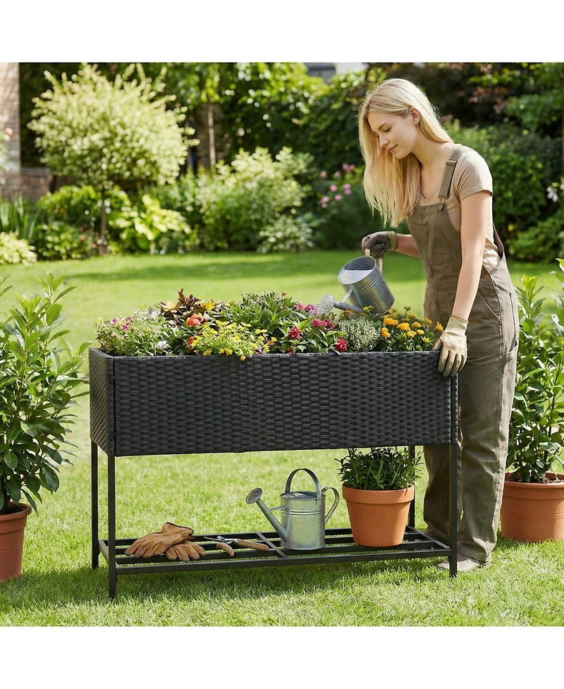 Gymax Elevated Planter Box Raised Garden Bed Rattan Surface Bottom Storage Shelf
