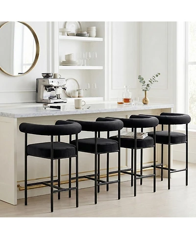 Maison Boucle 24" Velvet Counter Height Stools Set of 4 with Arms, Black Metal Legs