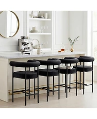 Maison Boucle 24" Velvet Counter Height Stools Set of 4 with Arms, Black Metal Legs