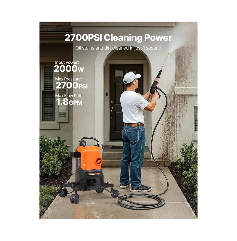 Sugift Electric Pressure Washer 2700 Psi 1.8 Gallons Per Minute with 4 Nozzles Foam Cannon