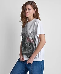 Dkny Jeans Women's New York Stacked Two-Tone Sequin Logo Crewneck T-Shirt