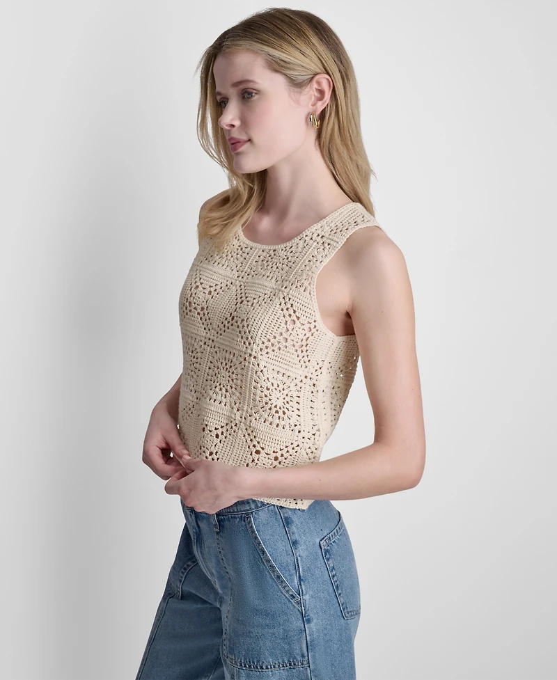 Dkny Jeans Women's Sleeveless Crochet Square Knit Tank Top