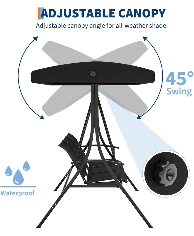 gaomon Outdoor Porch Hanging Chairs, 3-Seat Patio Swing Chair with Adjustable Canopy and Armrests, Swing Bench, Breathable Fabric Seat & Backrest