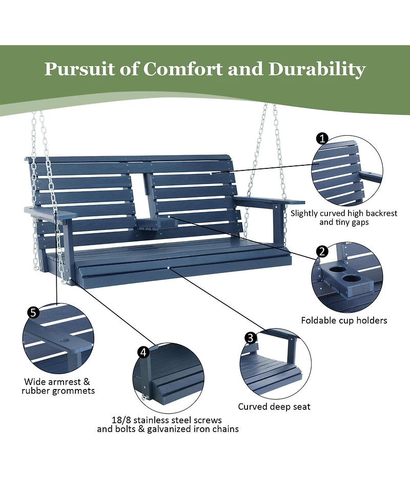 Mega Casa 2-Seat Poly Lumber Hips Porch Swing with Foldable Cup Holders and Curved Deep Seat for Outdoor Garden