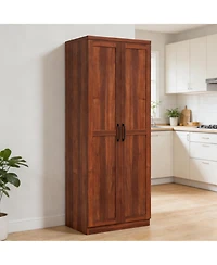 Clihome Modern Storage Cabinet with Adjustable Shelves, Antique Metal Handles for Kitchen Pantry (Tan)