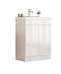 Sillysis 24 Inch Freestanding Bathroom Vanity with Ceramic Sink, Soft Close Doors, Modern Glossy White Srorage Cabinet