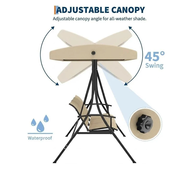gaomon 3-Seat Outdoor Patio Swing Chair, Porch Hanging Bench with Adjustable Canopy, Armrests, and Breathable Textilene Fabric for Garden, Backyard
