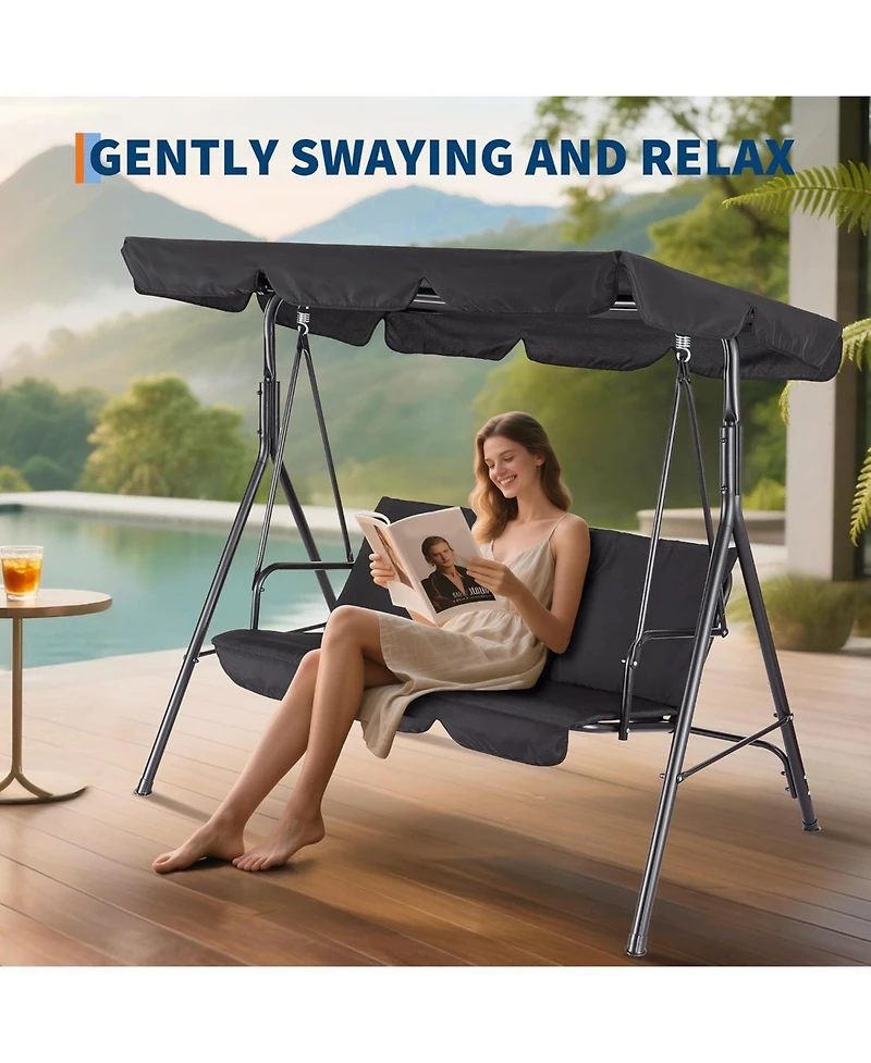 gaomon 3-Seat Outdoor Porch Swing Chair with Adjustable Canopy and Thickened Cushions